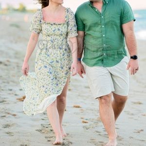 Mabel (Red Dress) tan, blue, and green floral maxi dress